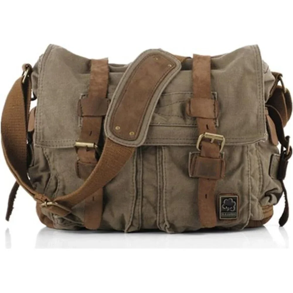Vintage Military Leather Canvas Laptop Bag Messenger Bags Medium